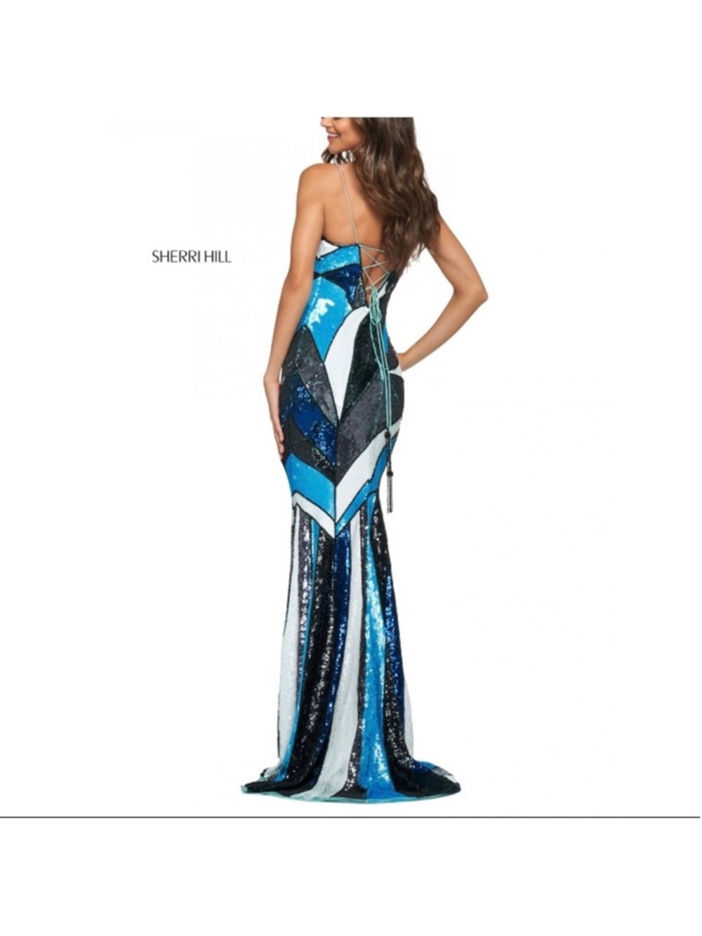 Sherri Hill Blue & White Sequined Strappy Mermaid Gown